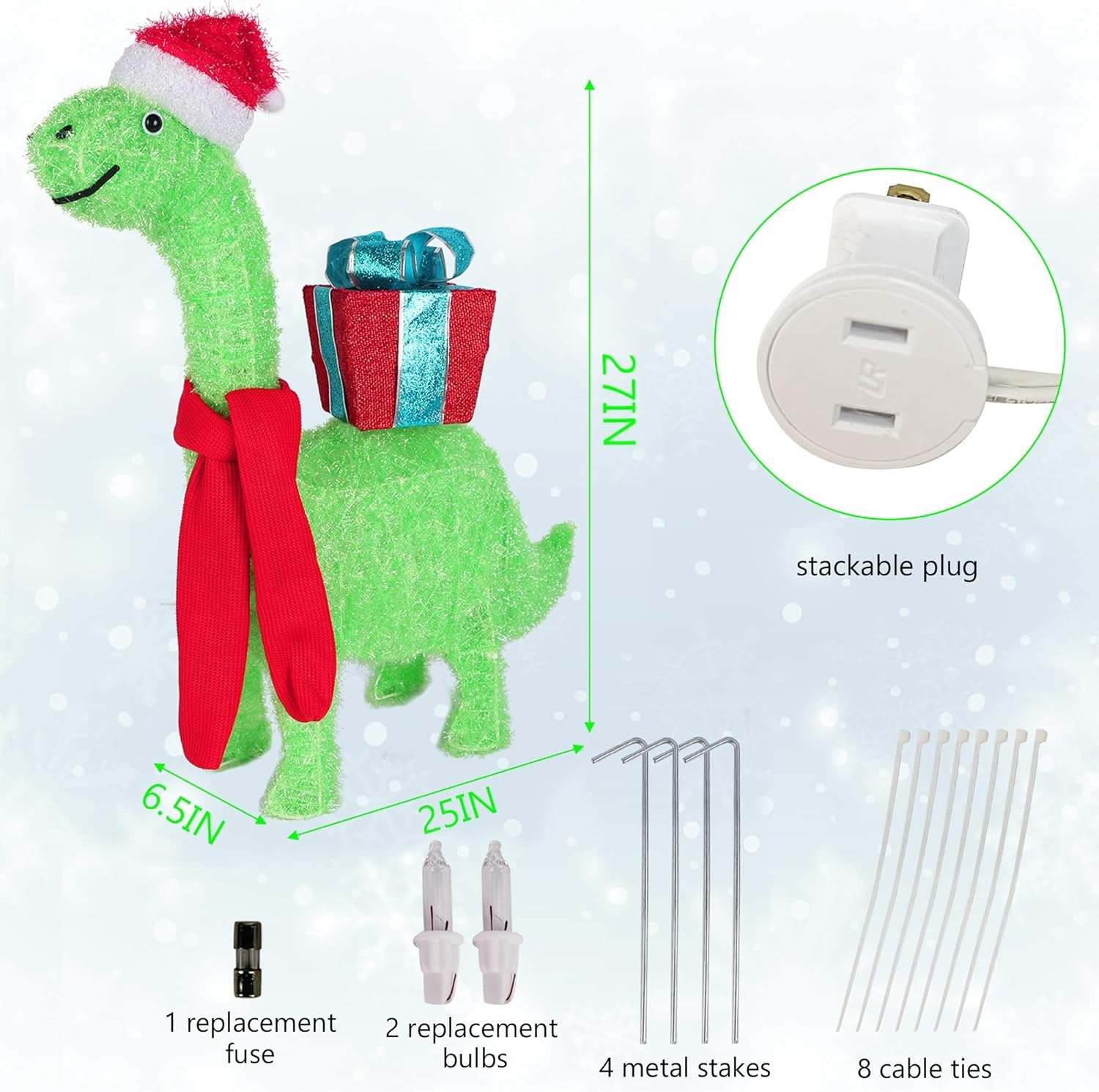Waterglide Lighted Christmas Dinosaur - 27 Inch Pre-Lit 3D Brachiosaurus Yard Decor | Festive Holiday Display