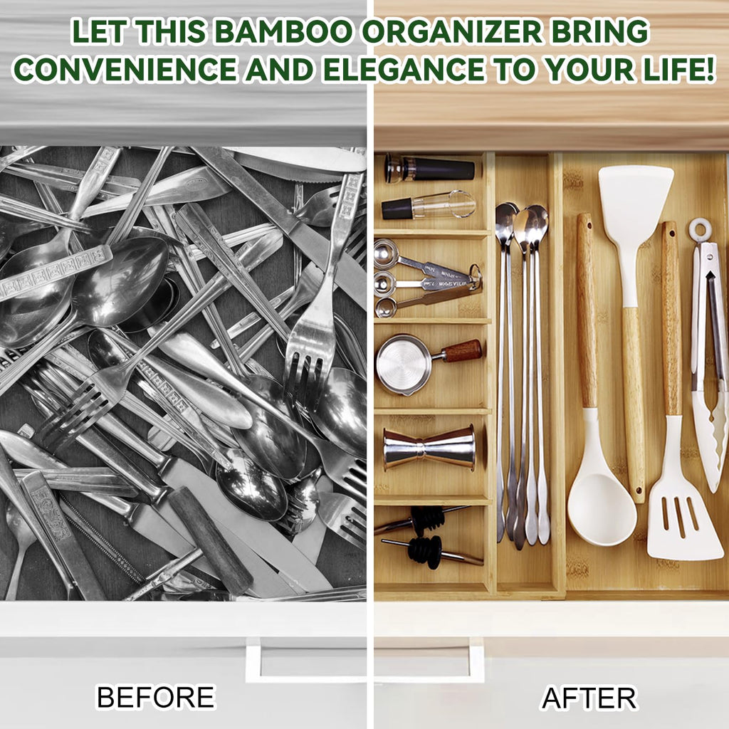 MH MYLUNE HOME Large Bamboo Expandable Drawer Organizer, Silverware Organizer for Drawers, 16 to 30 Inches Wide, 7-13 Slots, Kitchen Drawer Organizers for Utensils, Bamboo Wood Cutlery Organizers