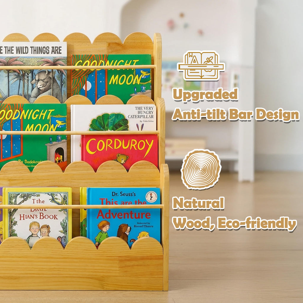Amdermi Scalloped Design | 3-Tier Montessori Solid Wood Kids Bookcase | 29.6" Wide Toddler Storage Shelf | Easy Access Floor Display Furniture for Playroom/Nursery