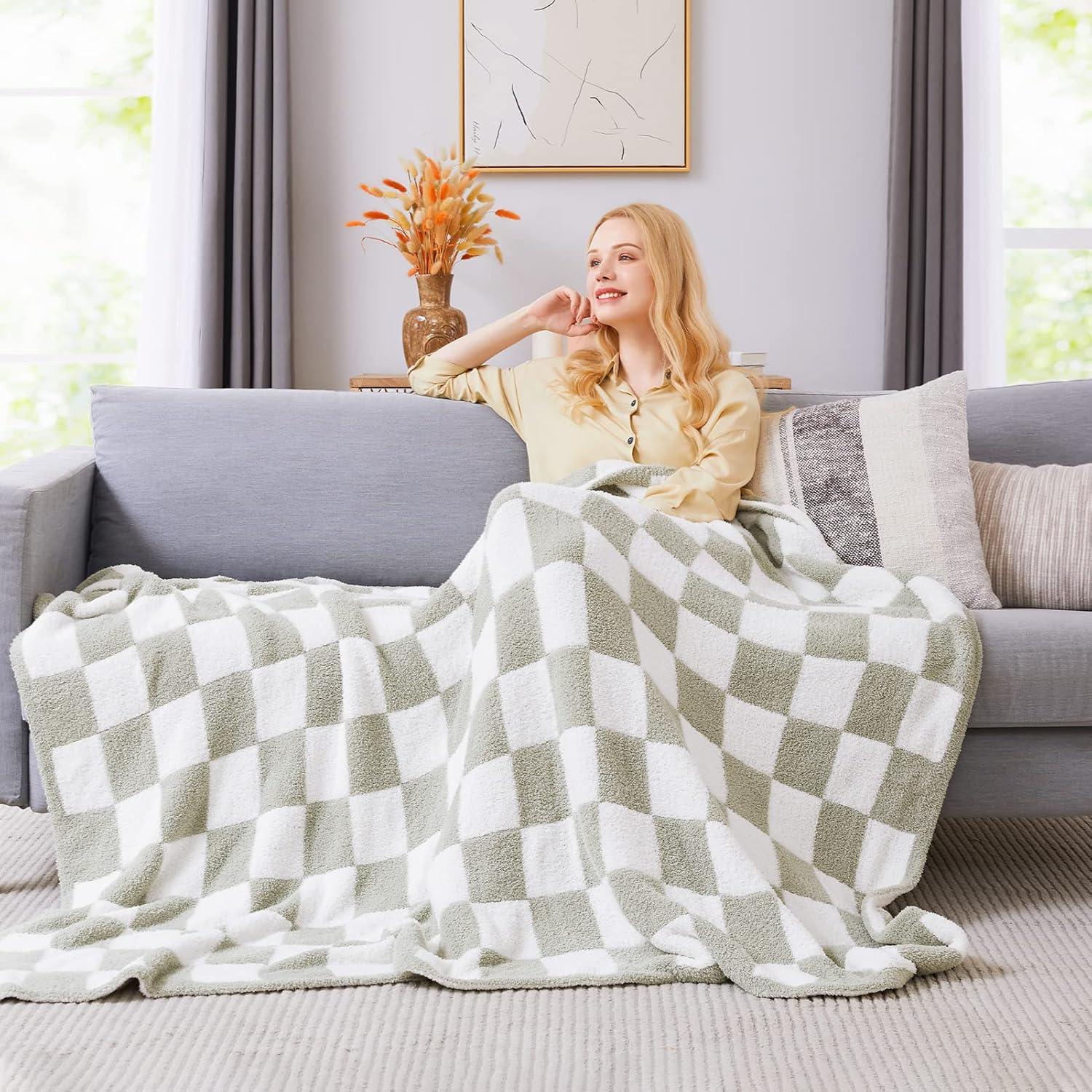 WRENSONGE Checkered Throw Blanket - Soft Sage Green Cozy Handmade Blanket for Couch, Sofa, Travel