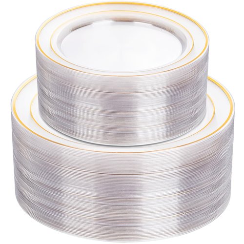 I00000 102 Pcs Clear Gold Plastic Plates - Disposable Party Plates, Gold Disposable Include 51 Dinner Plates and 51 Dessert Plates, Plastic Plates for Party, Holiday, Wedding & Birthday