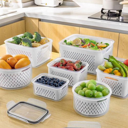 Freshmage Fruit Storage Containers - Airtight Produce Saver with Removable Colander | 4 Pcs Clear, Dishwasher Safe