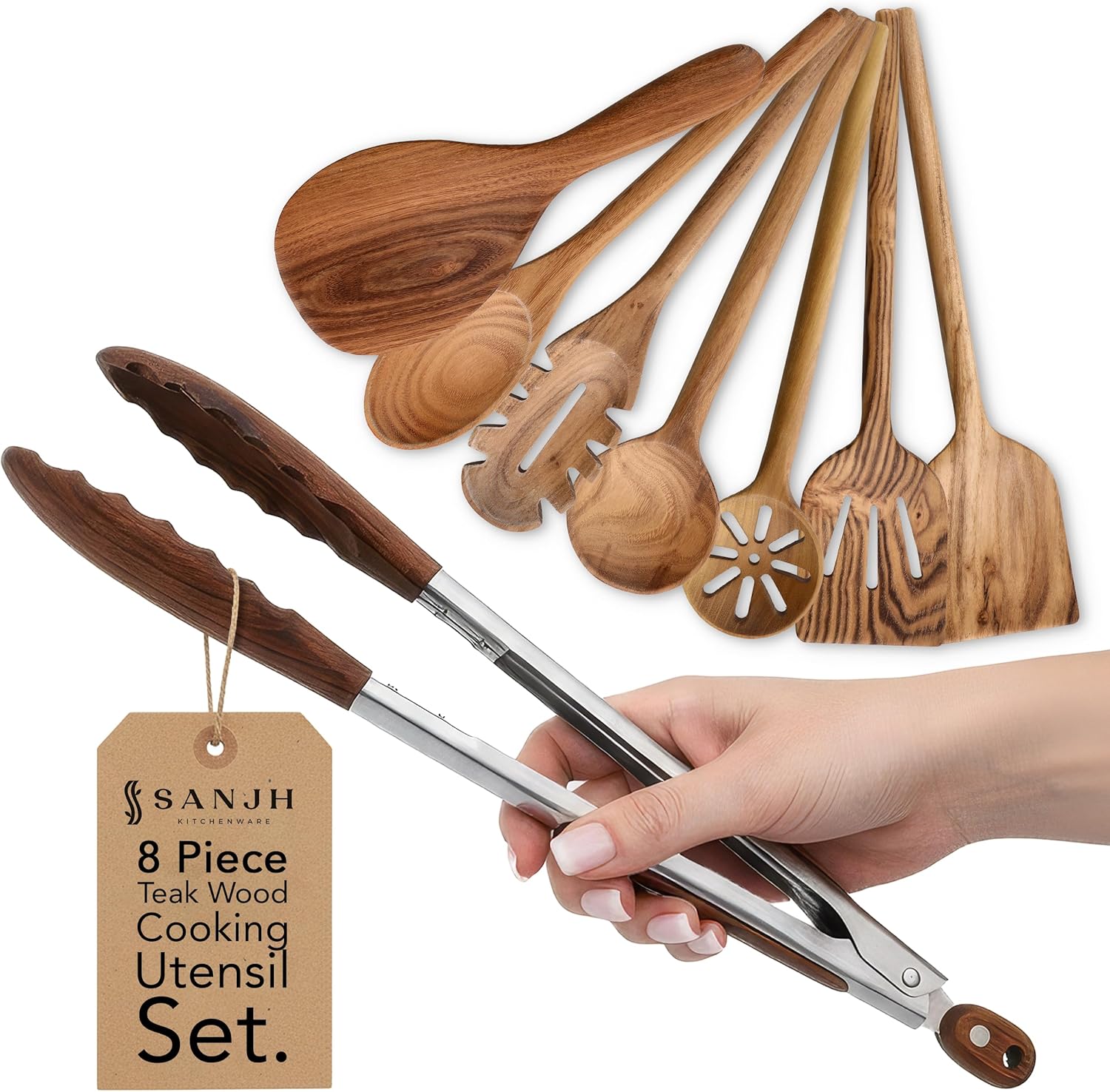 Skiennix 8-Piece Teak Wooden Cooking Spoons Set - Smooth Sanded Utensils with Comfortable Grip Handles