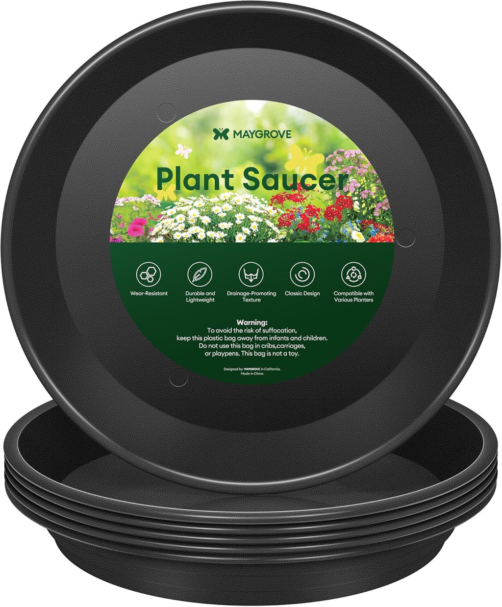 Maygrove Plant Saucers - Heavy Duty Plastic Trays for Indoor & Outdoor Use | 6 Pack, 8-12 Inch, Black