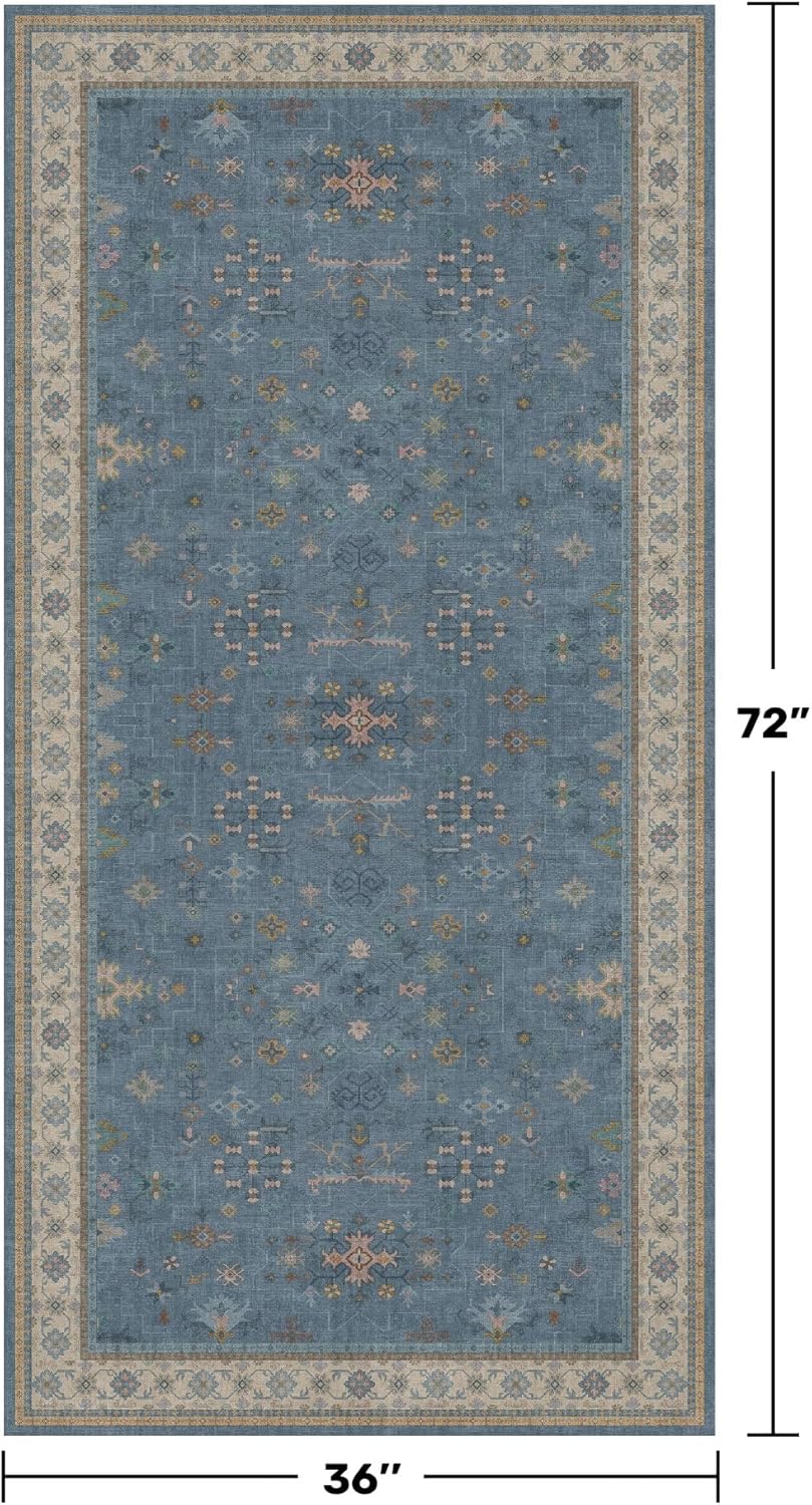 Washable 3x6 Throw Rug - Blue Non-Slip Indoor Rug for Kitchen, Entryway, Bedroom | Boho Modern Décor