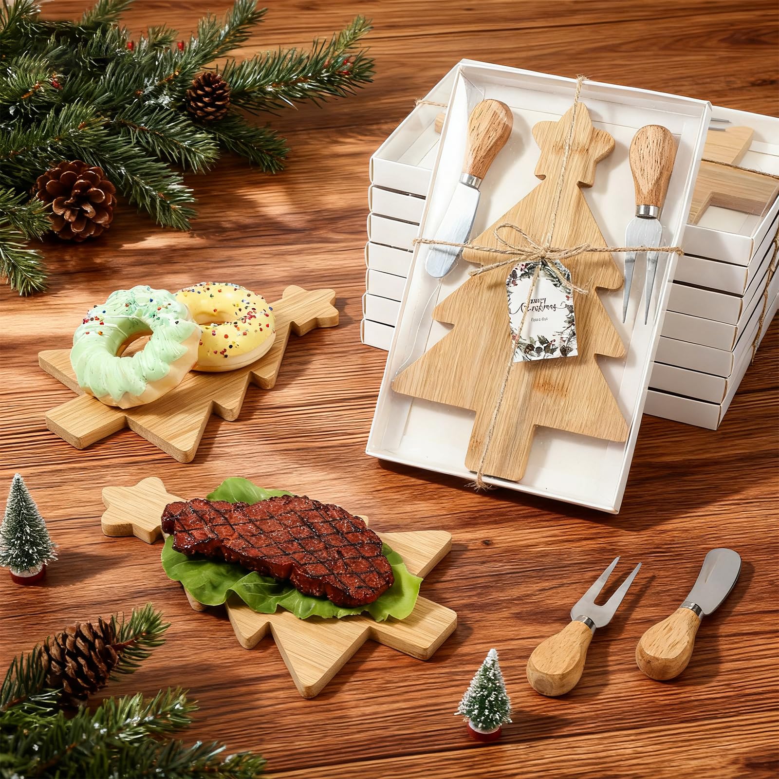 Roshtia 12 Set Christmas Charcuterie Board Gift Bulk Christmas Cutting Boards with Cheese Knives Forks Bamboo Cutting Board for Kitchen Xmas Party Bridal Shower Favor Supplies(Xmas Tree)