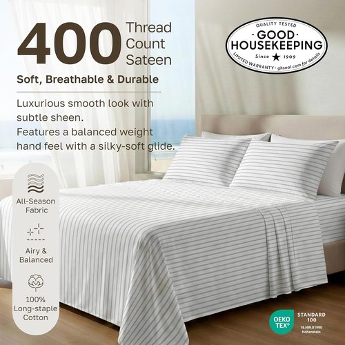 California Design Den Cal King Bed Sheets Set - 400 TC Award-Winning Soft Cotton, Smooth Sateen Finish, Deep Pockets, Cozy Pinstripe Bedding