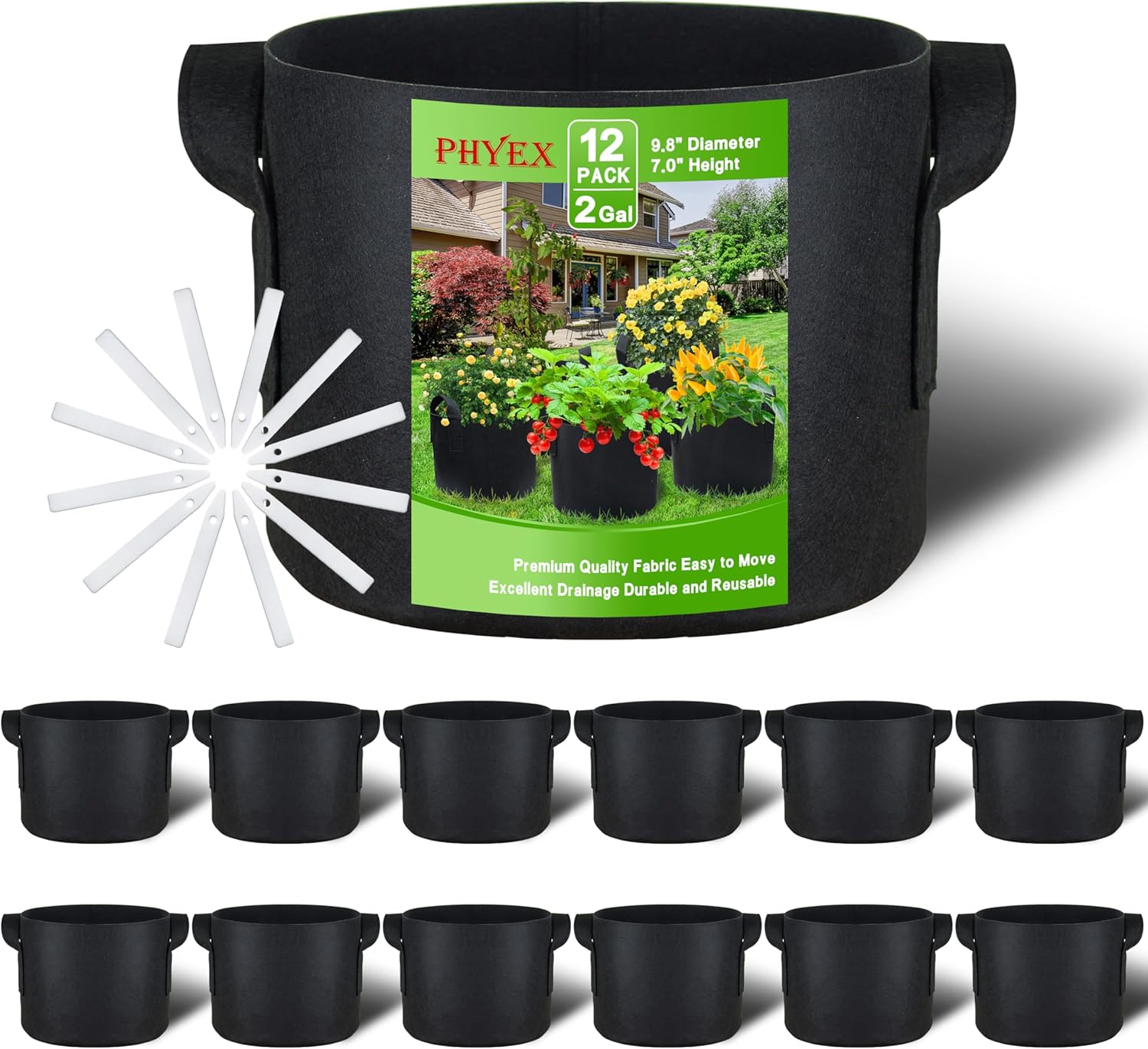 PHYEX 2 Gallon Grow Bags - Heavy Duty Reusable Fabric Pots with Handles for Vegetables, Herbs & Flowers