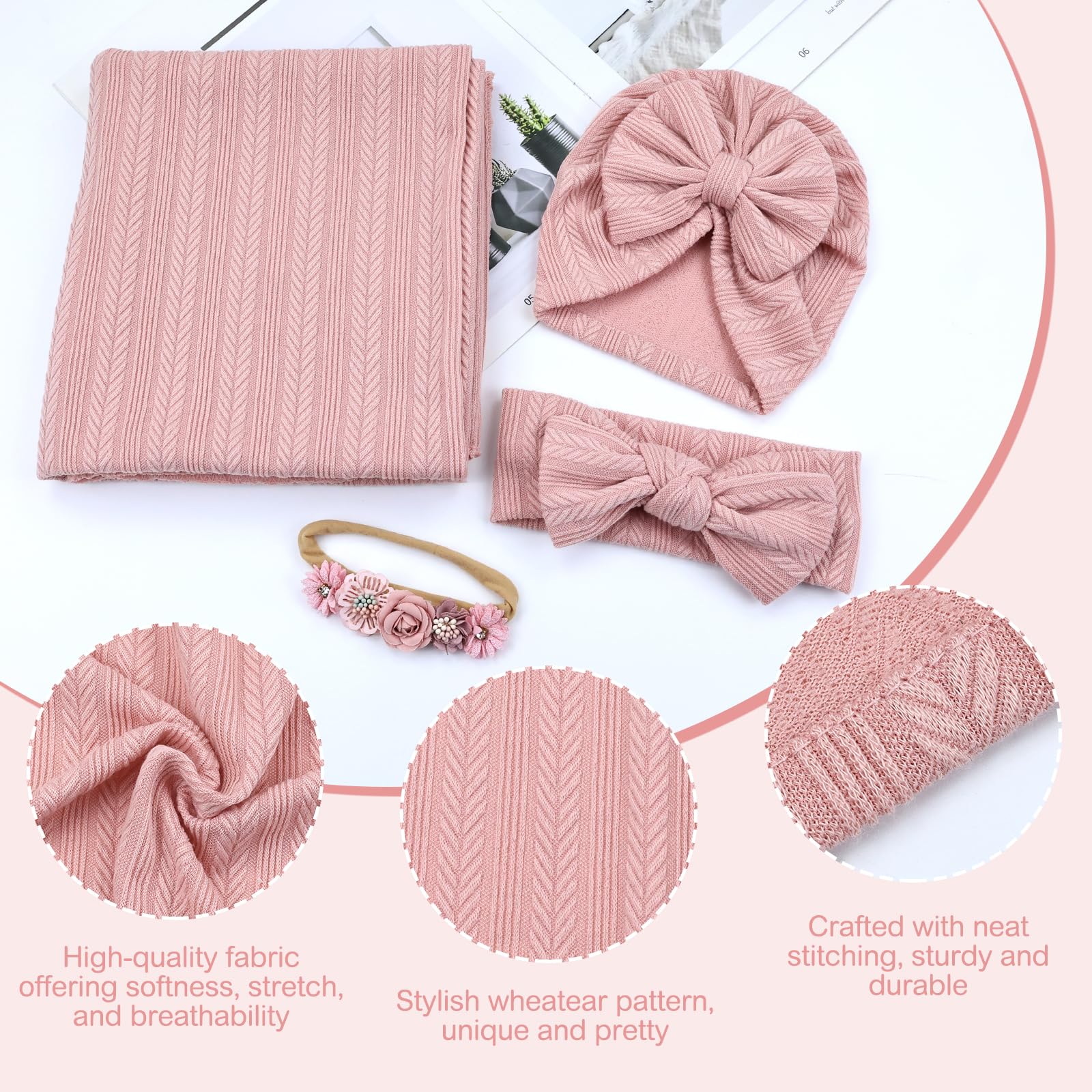 Cinaci 4pcs Dusty Pink Soft Nursery Newborn Baby Receiving Swaddle Blanket with Matching Turban Hat Bow Headbands Floral Nylon Headbands for Baby Girls Newborn Infants