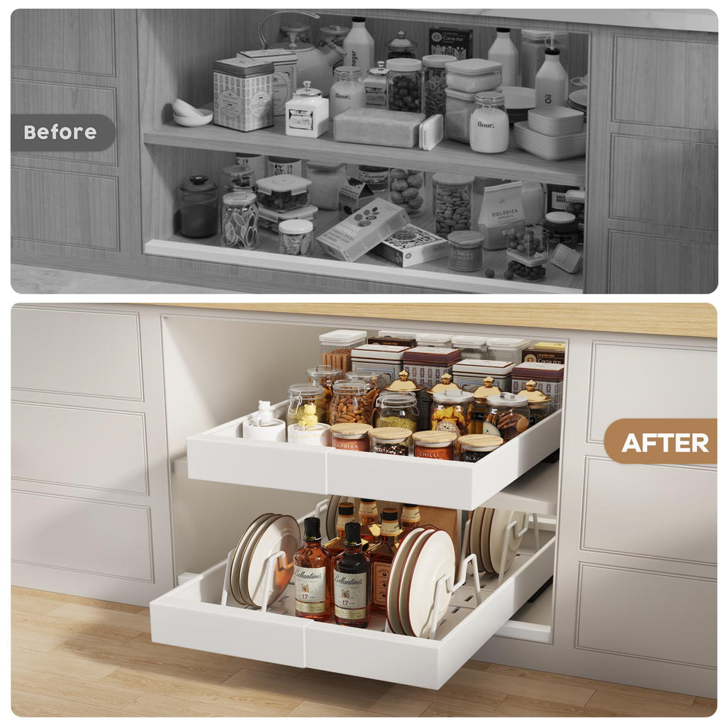 Seinloes 2 Pack Pull out Cabinet Organizer 21" Deep With Raising Pad for Framed Cabinets, Expandable Slide out Drawers for Kitchen Cabinets with 4pcs Divider Racks, Roll out Shelves 9"-14" W White