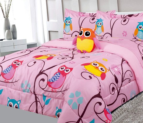 Sapphire Home 6 Piece Owl Bedding Set for Girls, Kids Bed in a Bag, Comforter Set with Bed Sheets, Pillow Case, Toy Pillow, Toddler Bedroom Kit, Owl Room Decor for Girls, Twin Size