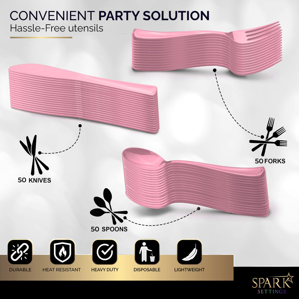 150 Pack Plastic Silverware Heavy Duty, Pink Disposable Cutlery, 50 Spoons, 50 Forks, 50 Knives, Plastic Utensils Set for Home Office School Party Picnics Weddings & More - SparkSettings
