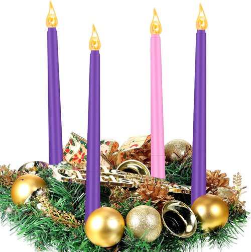 Honoson Flameless LED Taper Candles - 4 Pack for Hanukkah & Christmas | Flickering Purple & Pink Decor