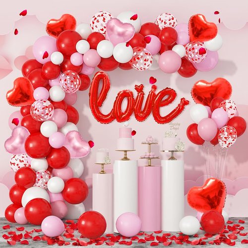 Amandir 263PCS Valentine's Day Balloon Arch Kit - Foil Love & Heart Balloons in Red, Pink, White