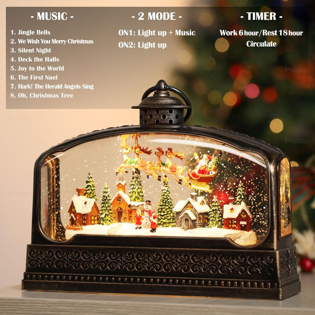 Priddop Christmas Snow Globe - Santa Claus & Snowman Village Scene | USB/Battery Timer & Music