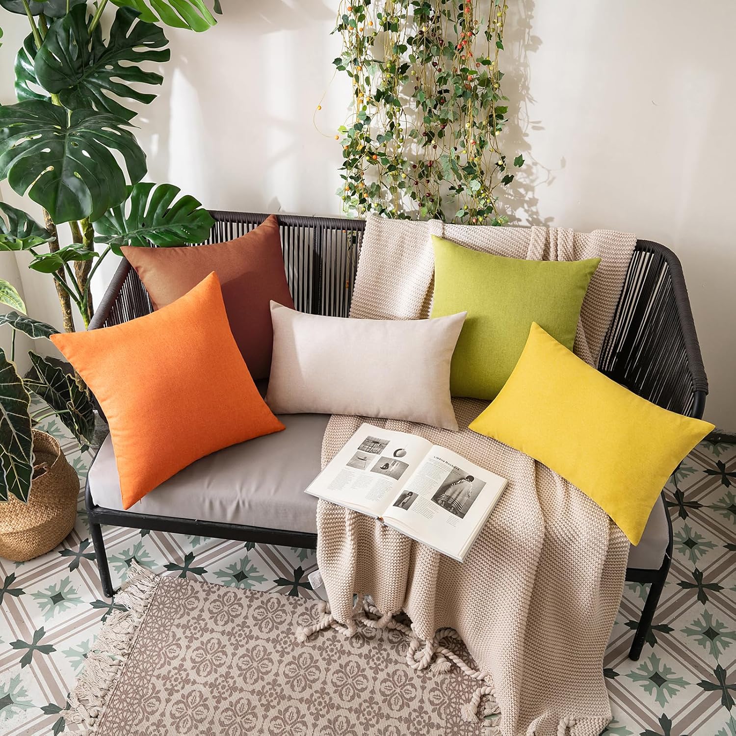 MIULEE Decorative Outdoor Throw Pillow Covers - Waterproof Faux Linen Cushion Cases | 26x26 Inch Orange, Pack of 2