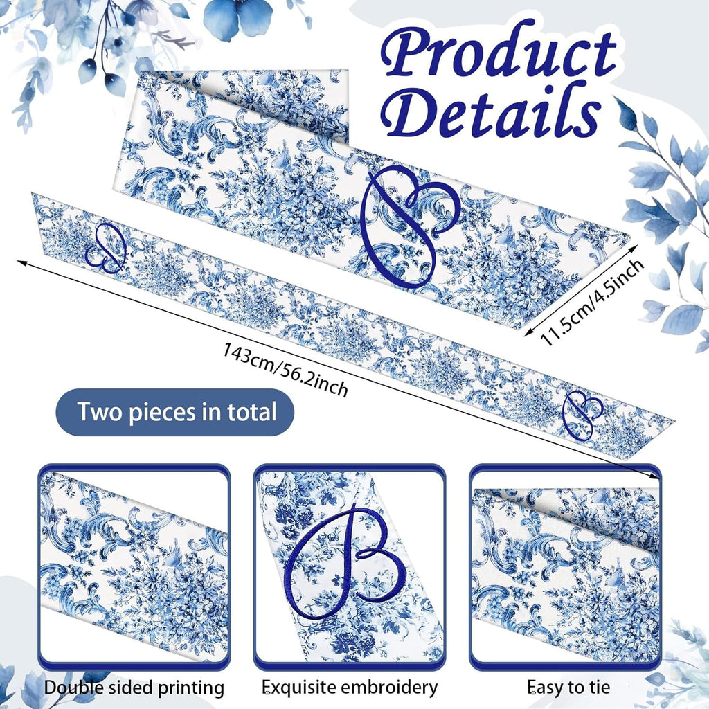 Mindsoft Monogram Wreath Sashes - Embroidered Letter B Chinoiserie Design | 56.2 Inch Blue & White Door Decor