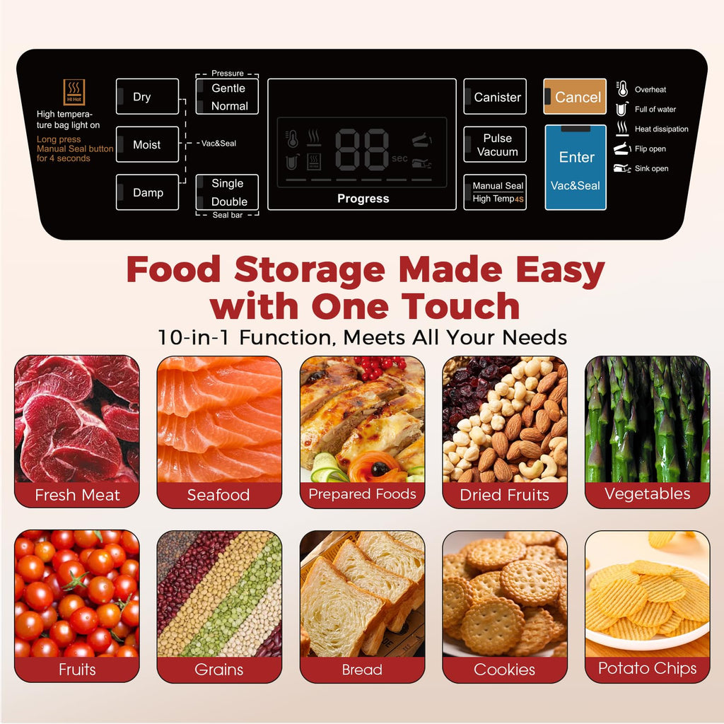 95KPa Vacuum Sealer Machine for Food, Automatic with Dual 12mm Heat Seal, 10-in-1 Modes, Built-in Cutter & Bag Storage, Includes 1 Roll and 10 Pre-Cut Bags
