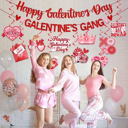 Lenyunge Galentines Day Decor, Galentines Gang Banner & Decorations, Red & Pink Heart Shaped, Leslie Knope Theme