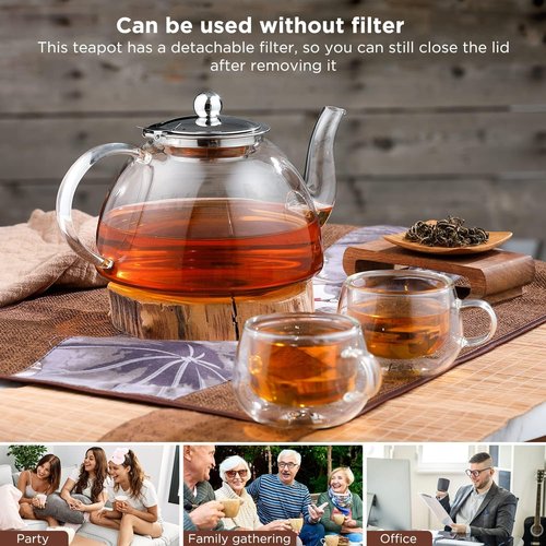 Ehugos Glass Teapot, 1300ml/44 oz Stovetop Safe Glass Teapot with Removable Stainless Infuser for Loose Leaf Tea, Hot/Iced Water, Juice Beverage