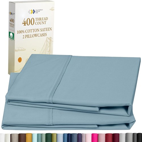 California Design Den Pillowcase Set | Standard Queen Size, 400 Thread Count, 100% Cotton Sateen, Soft Sky Blue - Set of 2