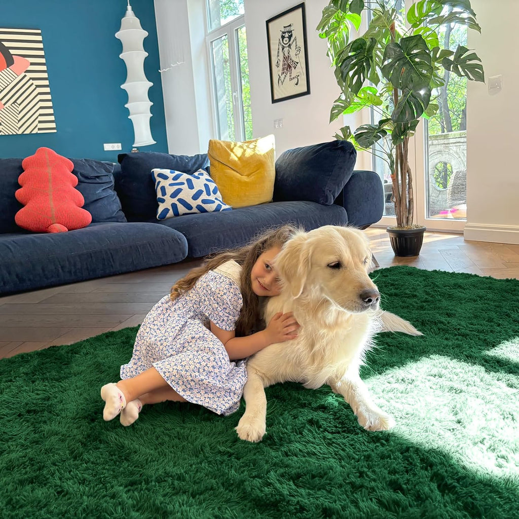 OLANLY Large Area Rug - Soft Fluffy Shaggy Carpet for Living Room & Bedroom | 5x7 Dark Green