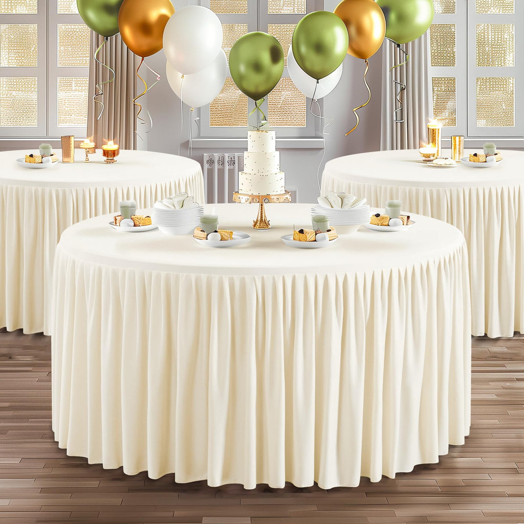 Wish Care 2 Packs 6FT Round Tablecloth 72Inch, Ivory Stretchy Fitted Table Cloths, Wrinkle Resistant Polyester Table Cover with Pleated Ruffle Skirt for Party, Wedding and Banquet Decoration