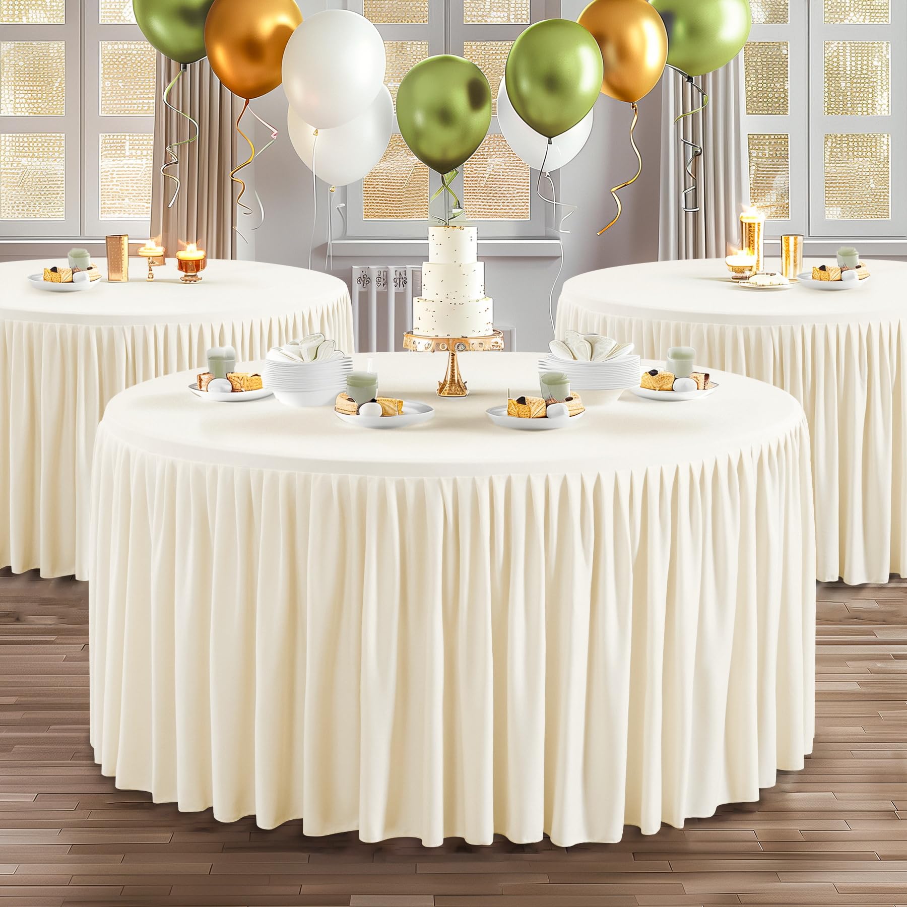 Wish Care 2 Packs 6FT Round Tablecloth 72Inch, Ivory Stretchy Fitted Table Cloths, Wrinkle Resistant Polyester Table Cover with Pleated Ruffle Skirt for Party, Wedding and Banquet Decoration