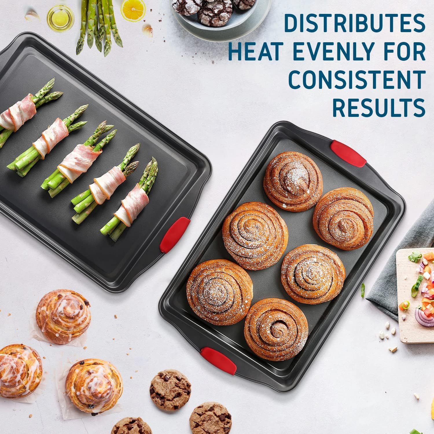 Skiennix Baking Sheet Set - 2-Piece Large Nonstick Cookie Sheets with Silicone Handles | BPA-Free Steel Pans