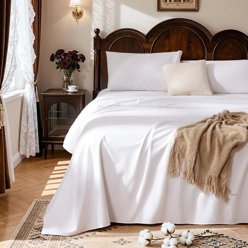 LBRO2M 100% Cotton Queen Size Sheet Set - 4 Pieces, Long Staple, 16-Inch Deep Pocket, Soft & Breathable - White