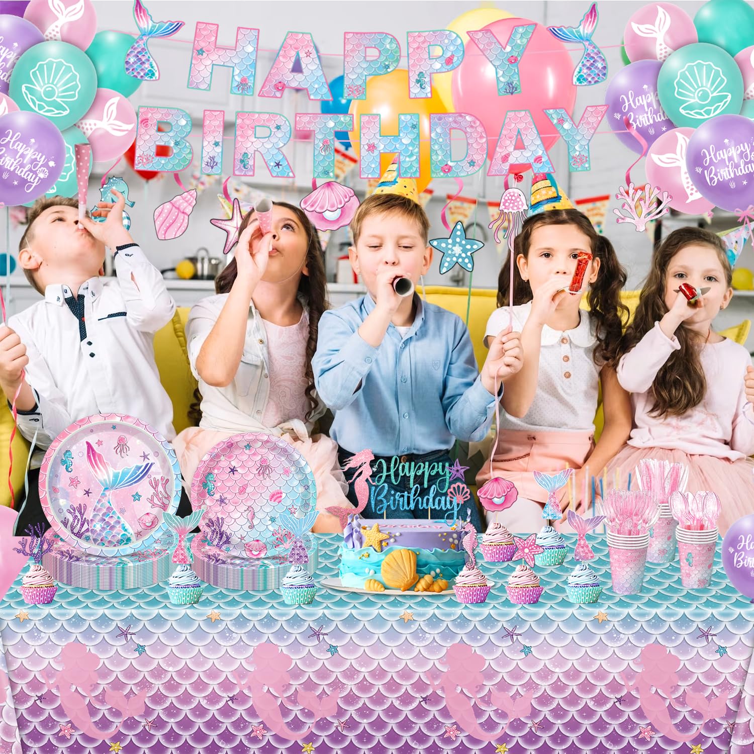 QIYANPAX Mermaid Birthday Decorations Supplies Plates, Napkins, Cups, Cutlery, Banner, Hanging Swirls, Cake & Cupcake Toppers, Balloons, Tablecloth for Mermaid Party Decorations, Serves 20