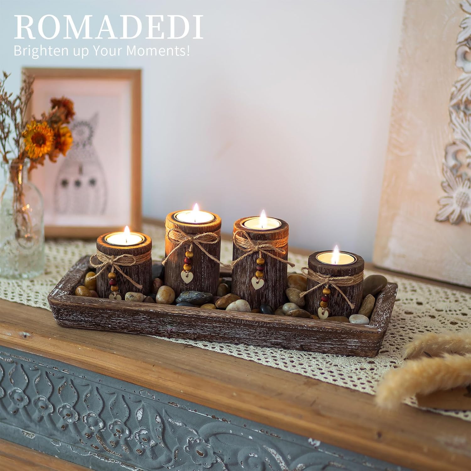 Romadedi Candle Holder Set - Boho Wooden Tray with 4 Tealight Holders for Farmhouse Decor | Living Room Centerpiece