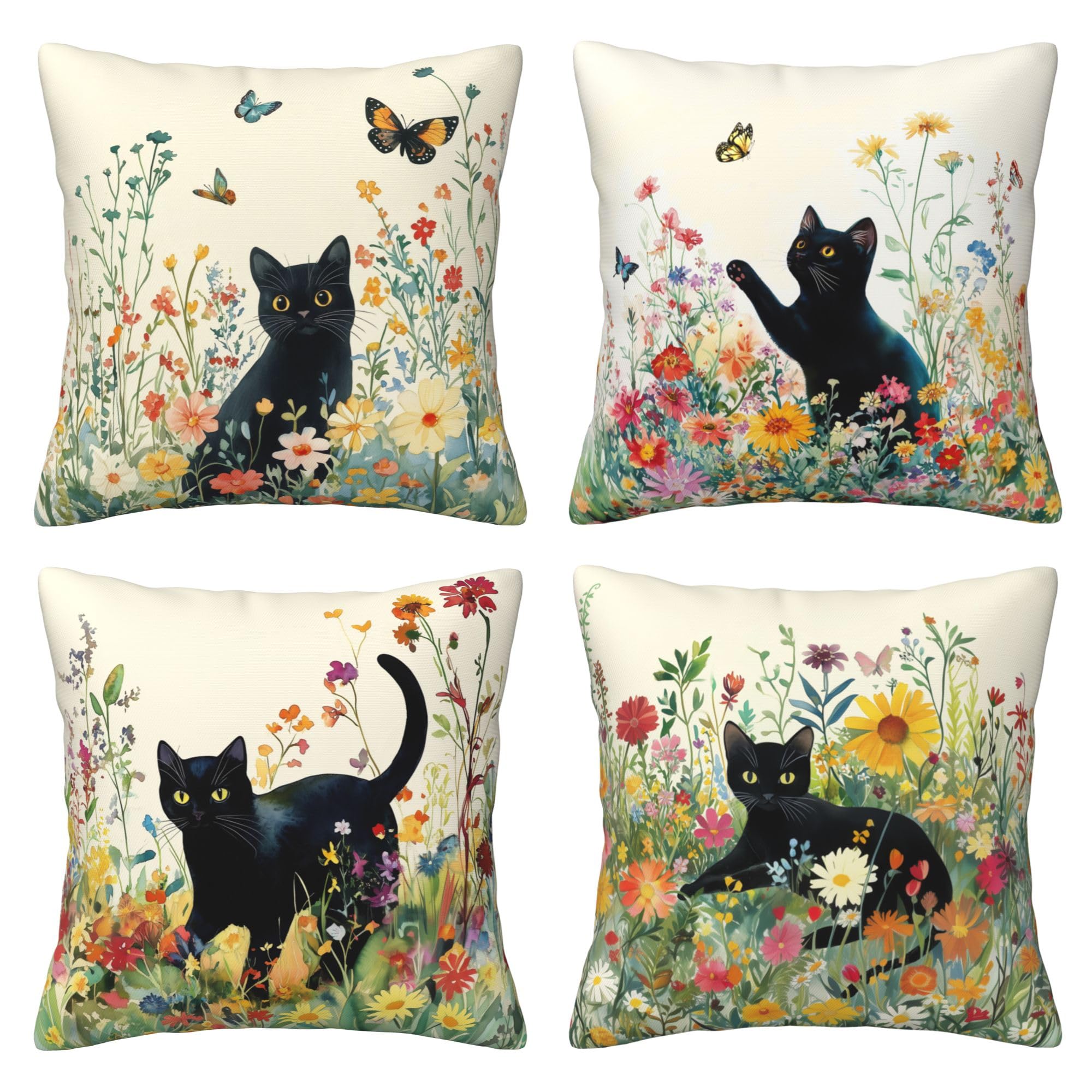 bmuvghi Summer Pillow Covers 18x18 Set of 4 Black Cat Throw Pillows Cover Wild Flower Sofa Couch Pillow Cases for Farmhouse Indoor Home Decor Decorations