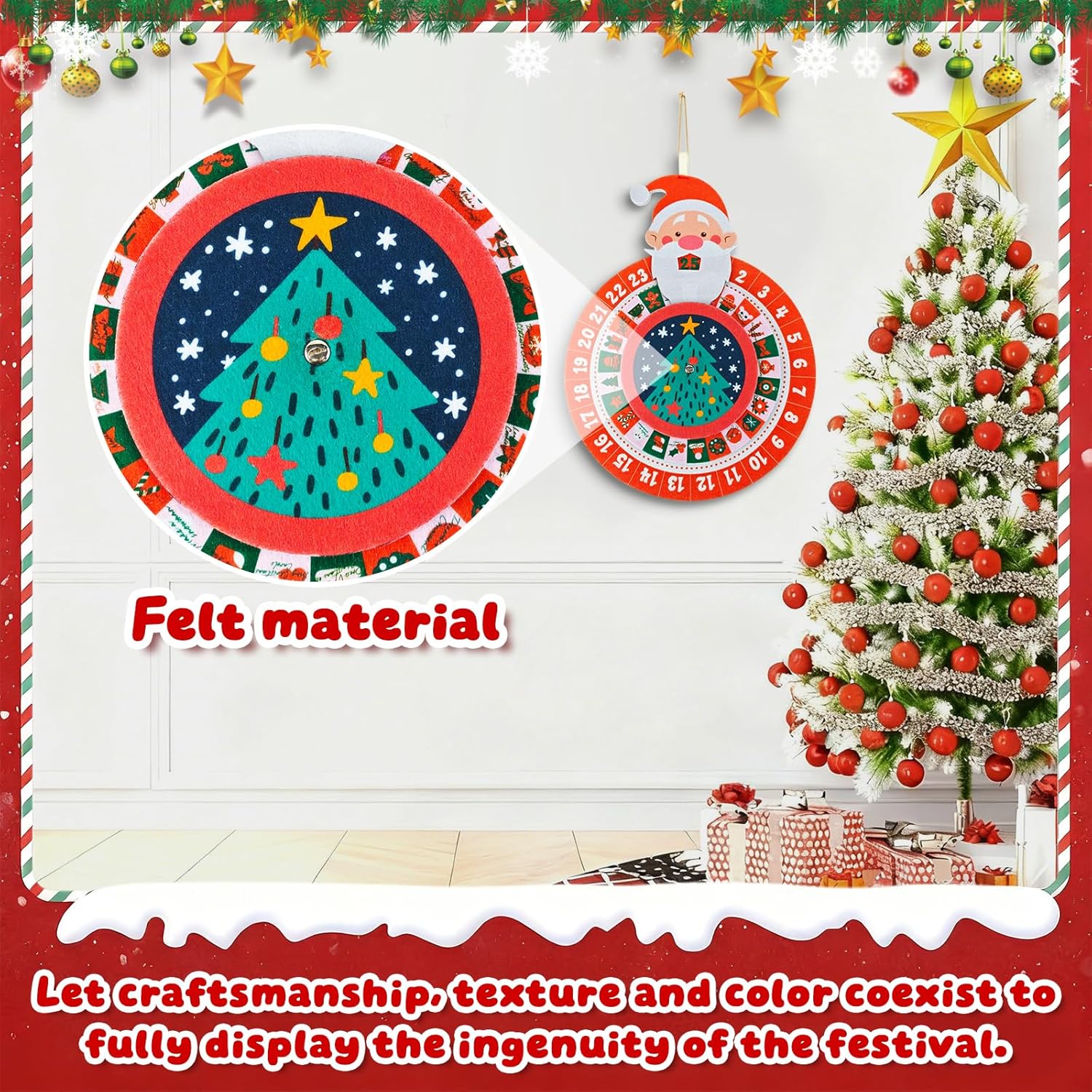 Skiennix Christmas Countdown Advent Calendar - Reusable Felt Wheel Santa Claus Design | Holiday Decor Gift