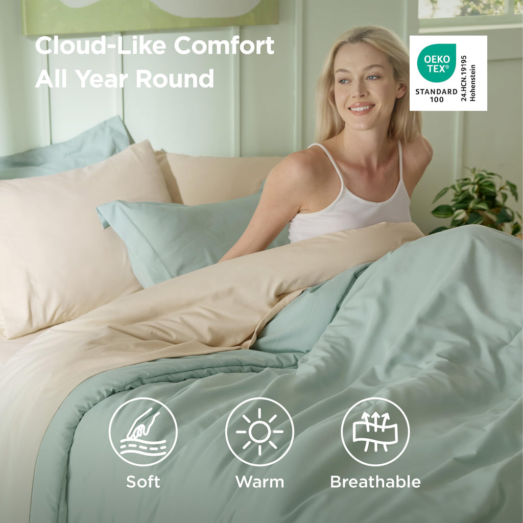 Bedsure Queen Comforter Set - 7 Pieces Sage Green Queen Bedding Set for All Seasons, Boho Contrasting Design Bed in a Bag with Comforter, Sheets, Pillowcases & Shams