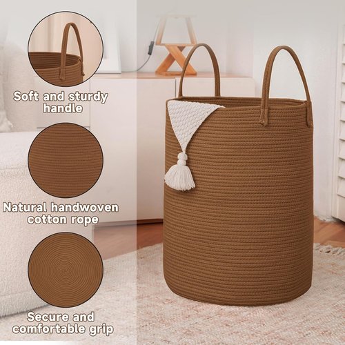 JMvicyroam Large Woven Laundry Basket - 60L Cotton Rope Storage Bin for Blankets, Toys & Clothes | Golden Jute