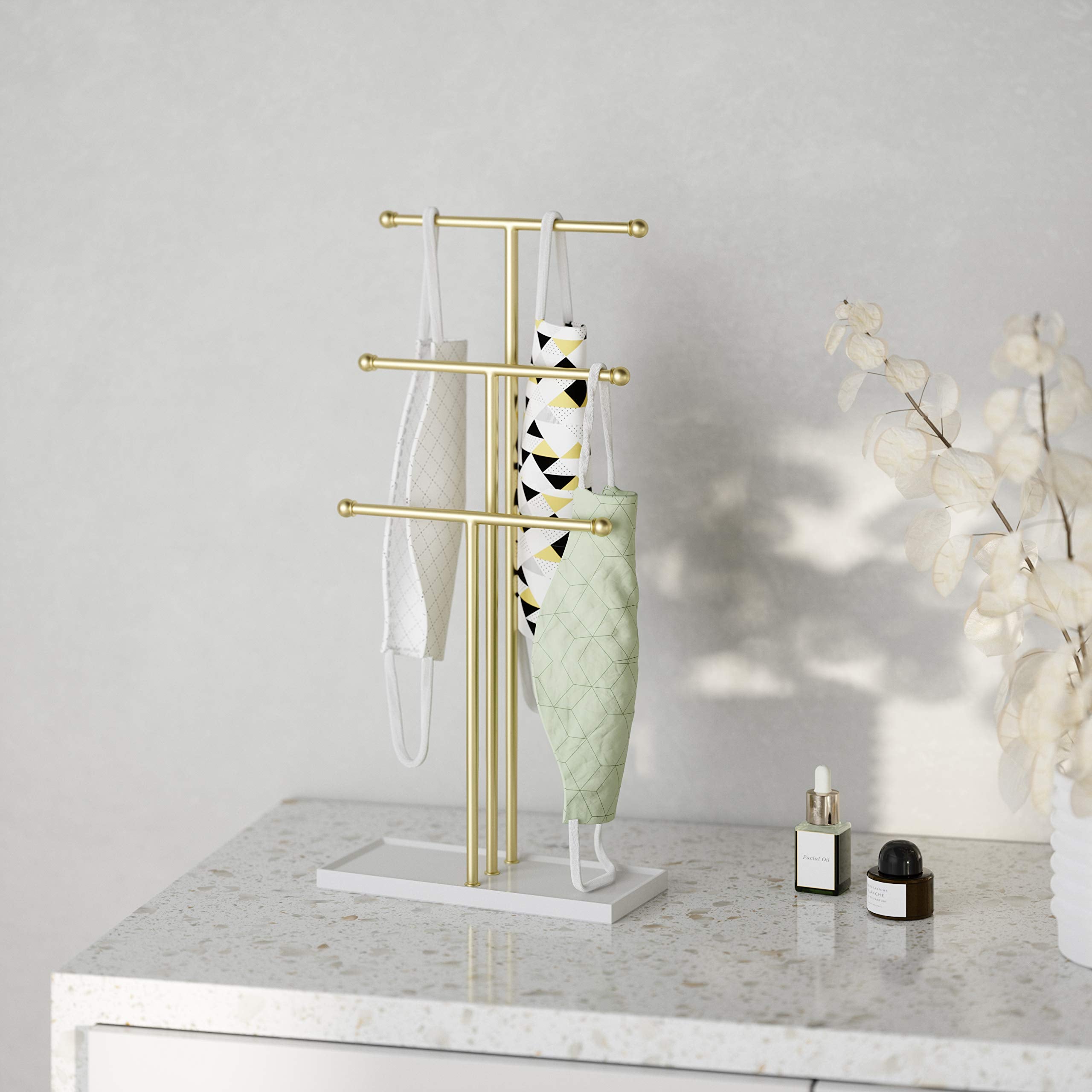 Umbra Trigem Tiered Tabletop Jewelry Organizer Freestanding Hanging Necklace, Earring and Bracelet Display, 5, White Natural