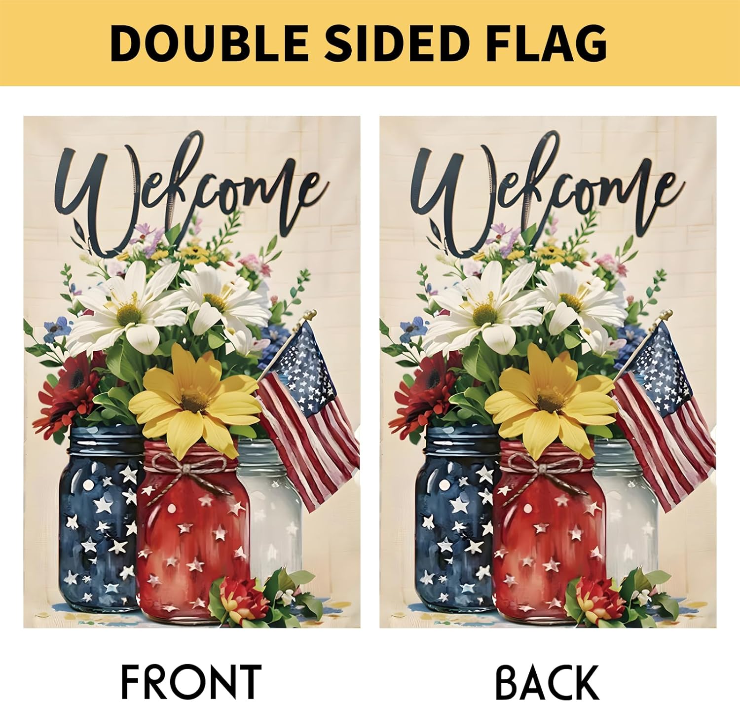 Patriotic 4th of July Mason Jar Flowers Garden Flag - Double-Sided Burlap 12x18 for Summer Celebrations