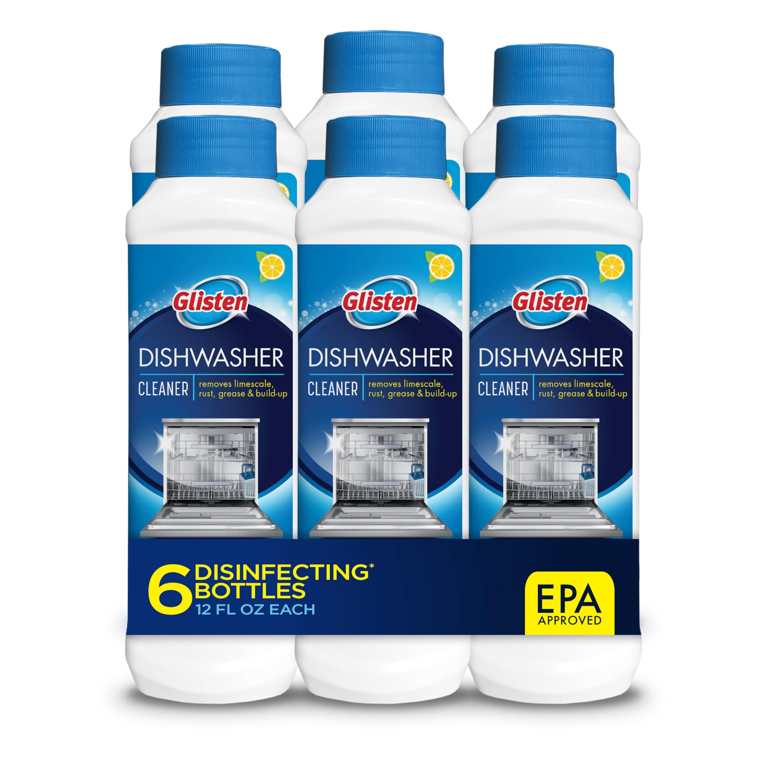 Glisten Dishwasher Cleaner, Removes Limescale, Rust, Buildup, and Grease, Lemon Scent, 12 Ounce Bottle, 6-Pack