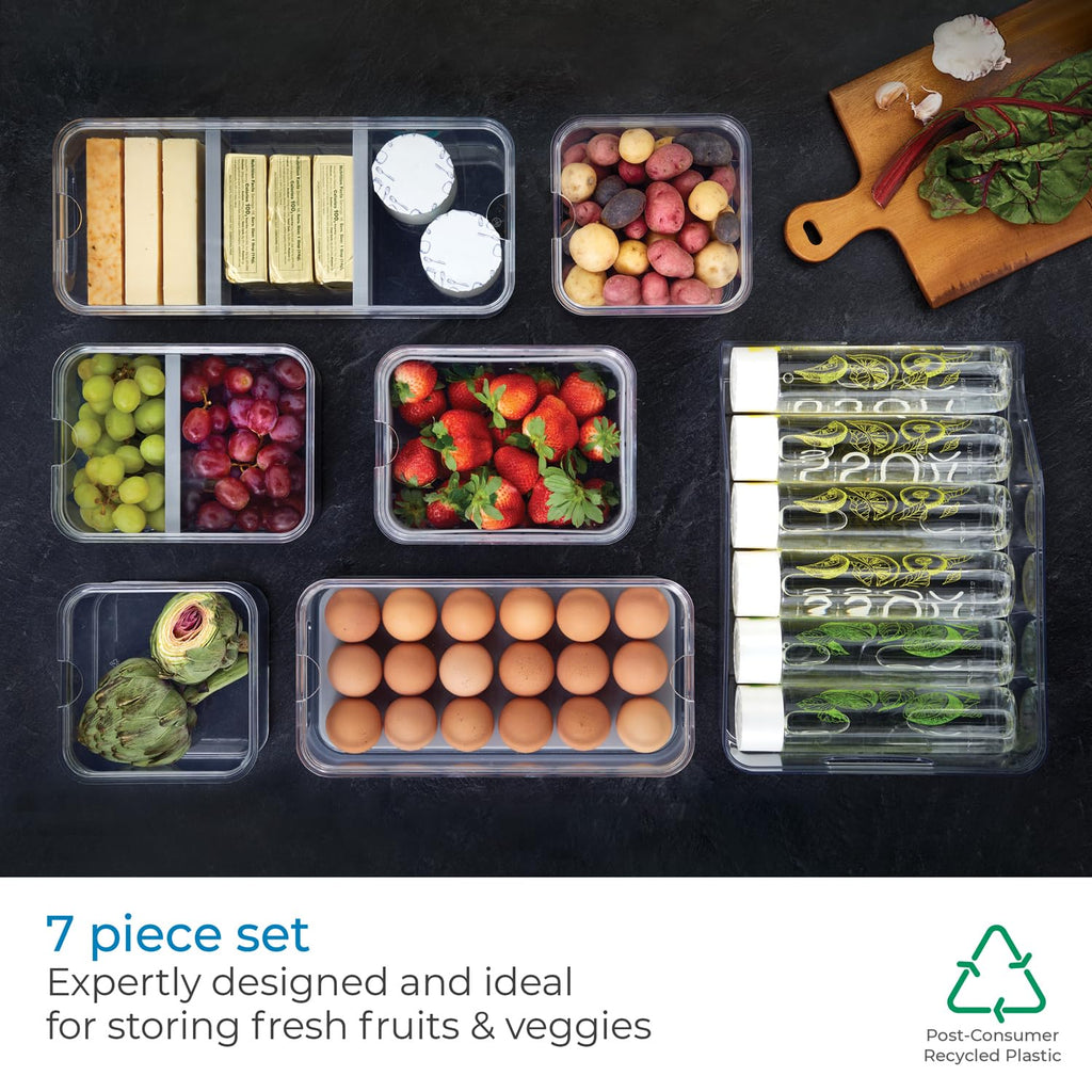 iDesign Crisp 7-Piece Recycled Plastic Refrigerator Organizer Bin Set with Lids, Clear/Gray
