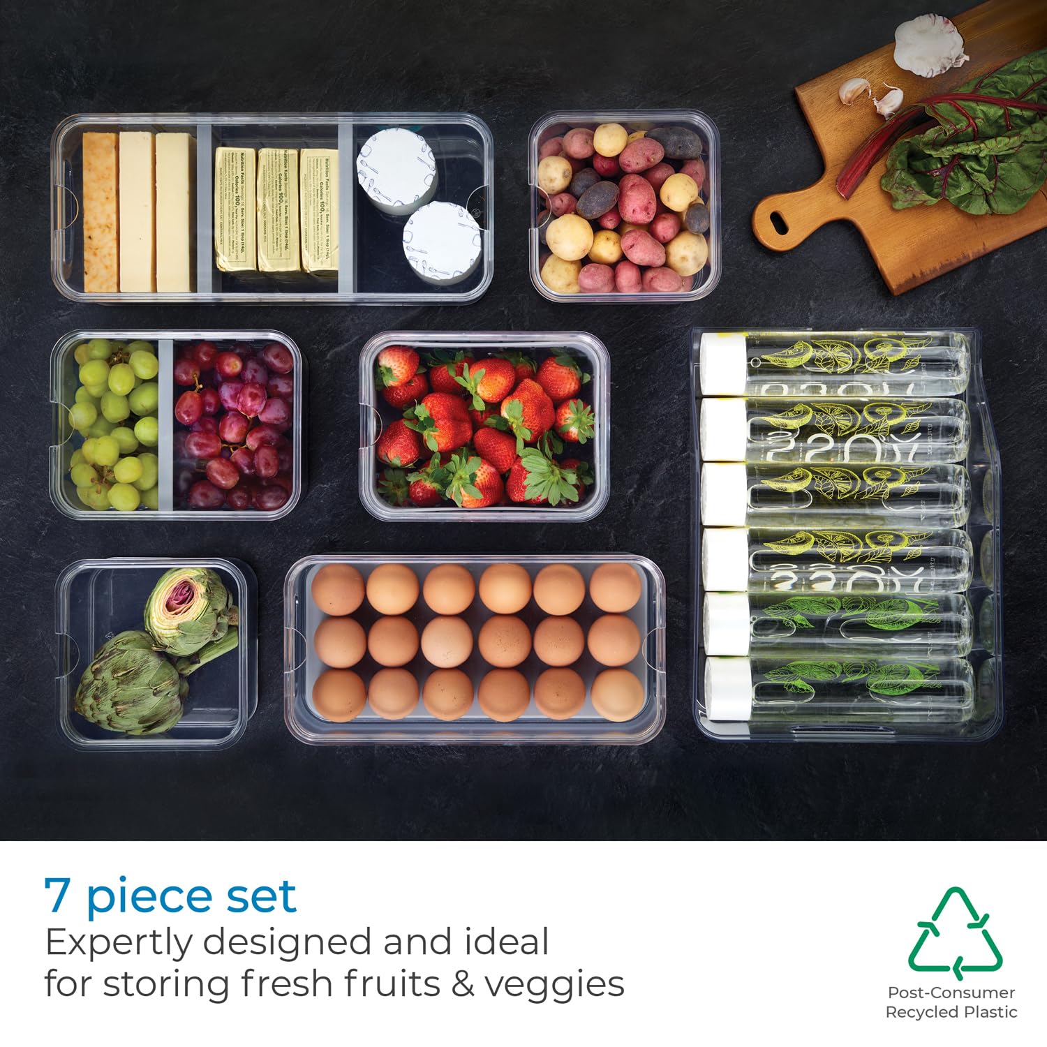 iDesign Crisp 7-Piece Recycled Plastic Refrigerator Organizer Bin Set with Lids, Clear/Gray