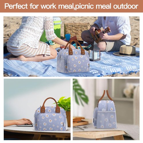 Yotrone Lunch Bag for Women, Insulated Lunch Box for Women Men Work Adult, Cute Lunch Tote Large Capacity Reusable Cooler Containers for Picnic Travel Office or Beach (Blue Daisy)
