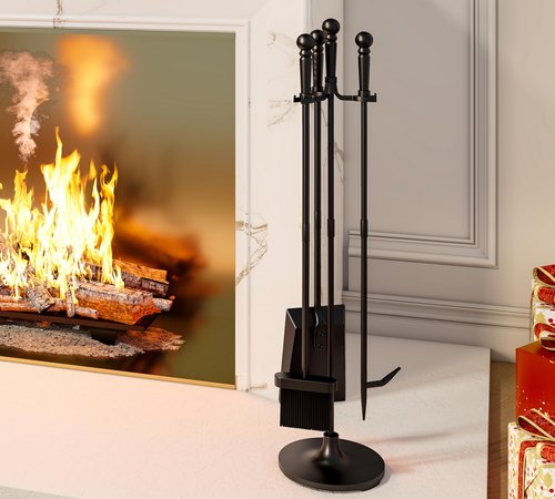 Fire Beauty Fireplace Tools Set 4 Pieces Black Wrought Iron Fire Tool Set for Outdoor/Indoor Include Poker, Shovel, Brush and Stand Accessories Set