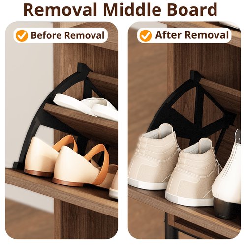IRONCK Shoe Cabinet Storage with 2 Flip Drawers, Free Standing Wooden Shoe Storage Organizer Cabinet with Rattan Doors for Entryway, Narrow Shoe Rack Cabinet, Walnut