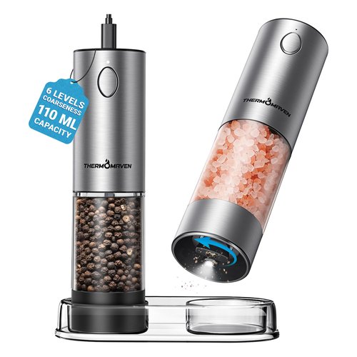 ThermoMaven Upgraded Larger Capacity Electric Salt and Pepper Grinder Set, 110ml Rechargeable Salt and Pepper Shaker with LED light, 6 Adjustable Coarseness, Stainless Steel, Black & Silver