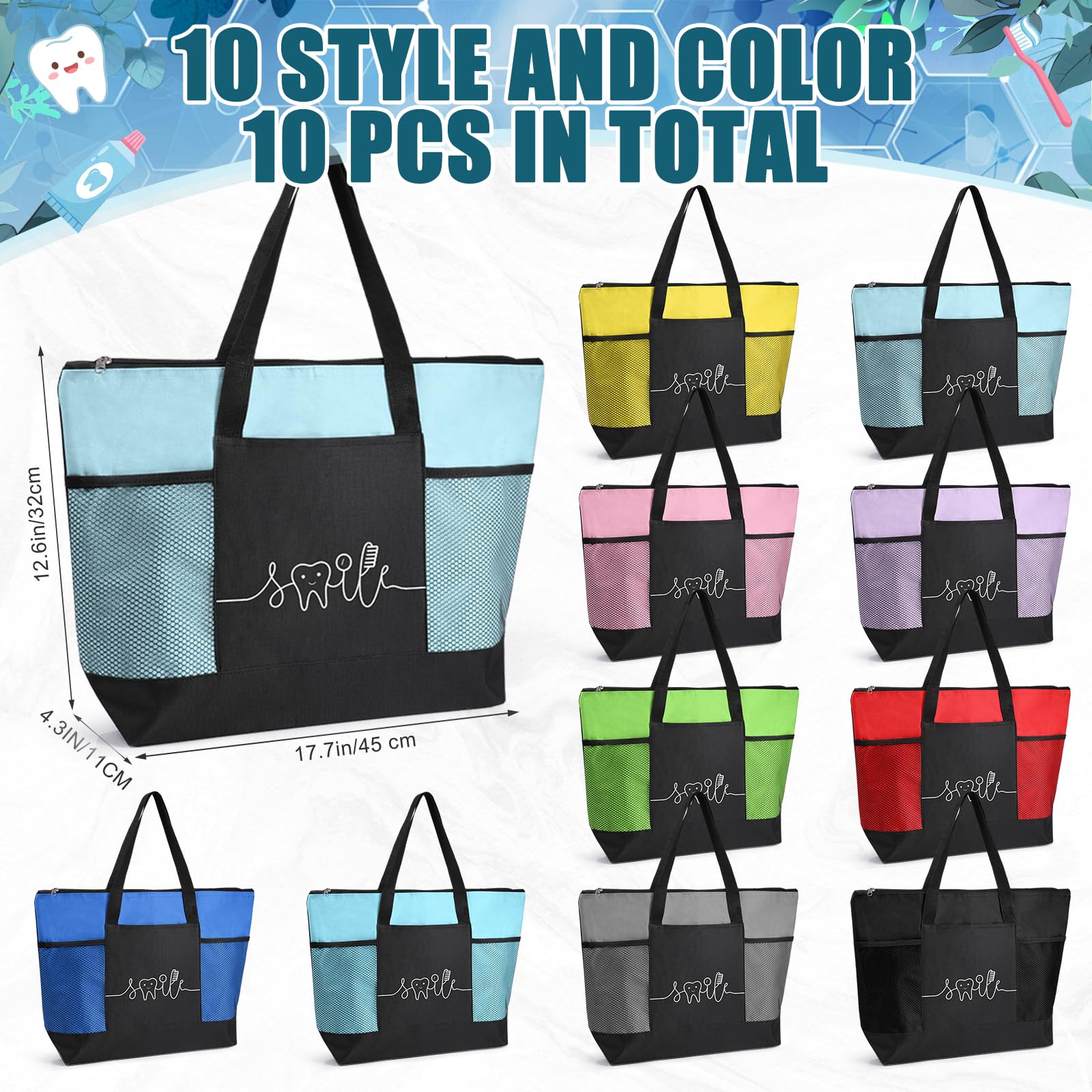 Locmeo 20 Pcs Dental Gifts Dental Assistant Hygienist Multicolor Tote Bags with Mesh Pocket for Dentist Office Accessories