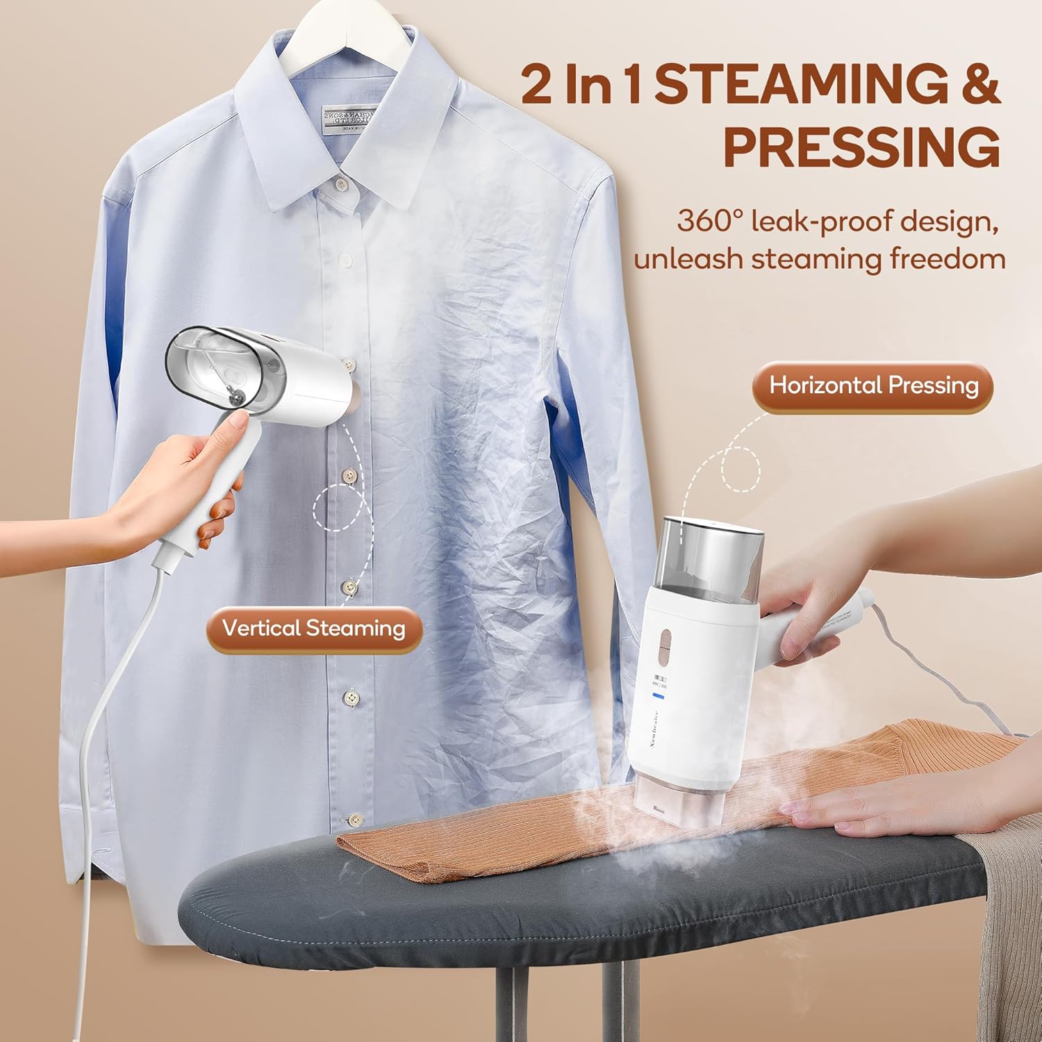 Newbealer Professional Travel Steamer - 1200W Dual Voltage, Fast 20s Heat Up, Foldable & Lightweight (Gold)