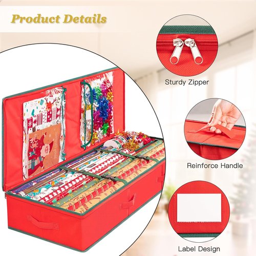 Criusia Gift Wrapping Paper Organizer - Durable Underbed Storage for 24 Rolls with Removable Dividers & Pockets | Red