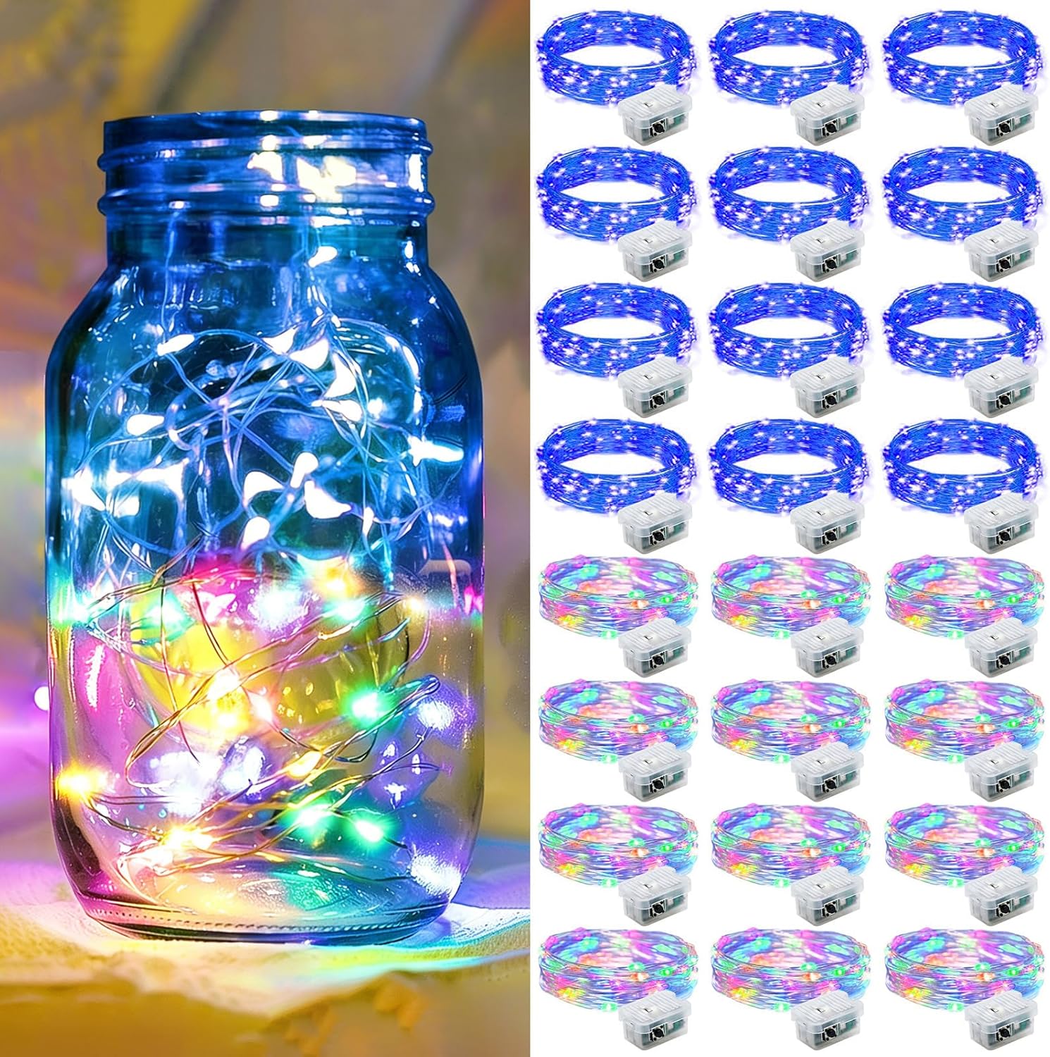 Skiennix 24 Pack Fairy Lights - 7Ft 20 LED Twinkle String Lights | Battery Operated & Waterproof for Mason Jars, Weddings, Christmas & Valentine's Day - Rainbow & Blue