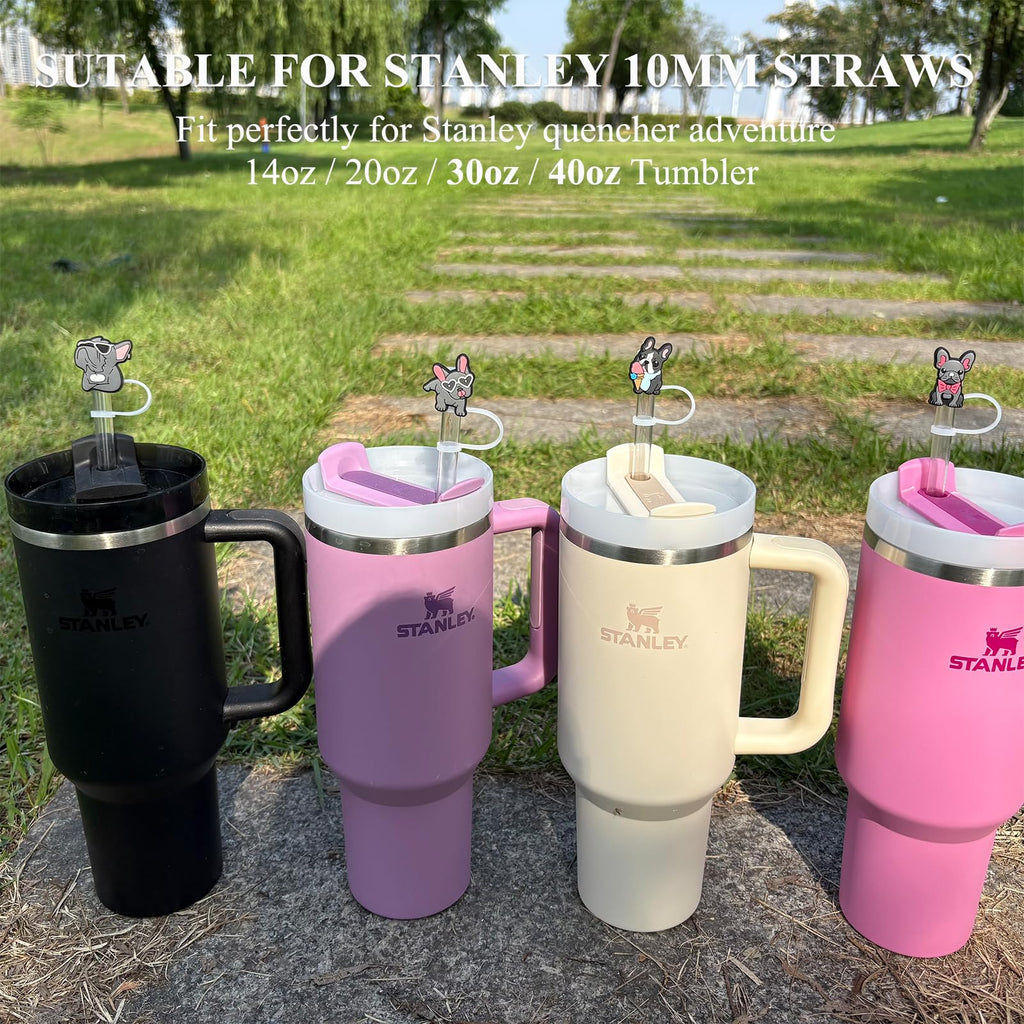 Amreich French Bulldog Straw Toppers - 4 Pack Silicone Straw Covers for 10mm/0.4inch Straws, Dog Lovers Birthday Christmas Holiday Gifts, Cute Stanley Tumbler Accessories